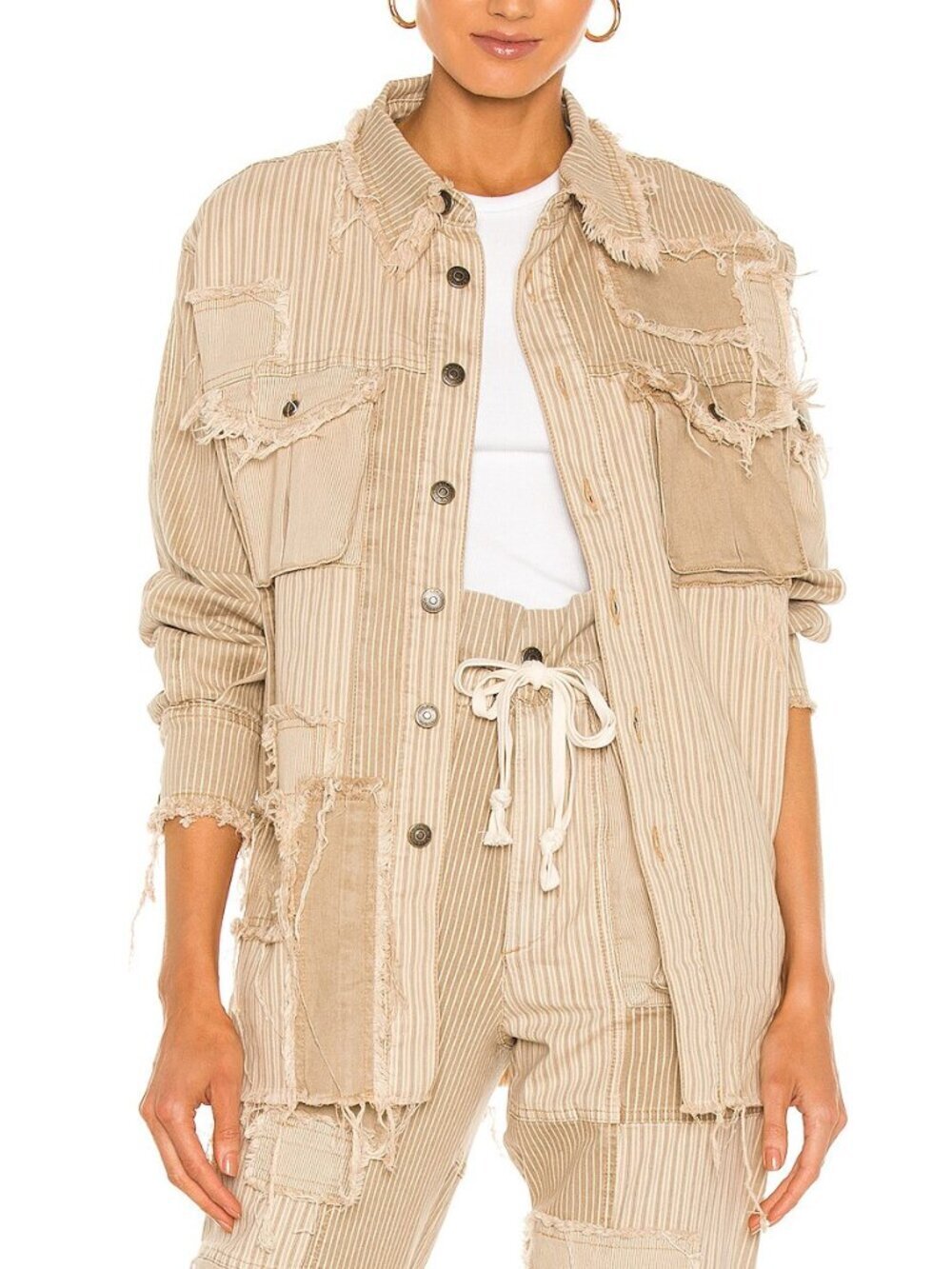 SER.O.YA Kara Beige Stripe Patchwork Oversized Shirt Size XS